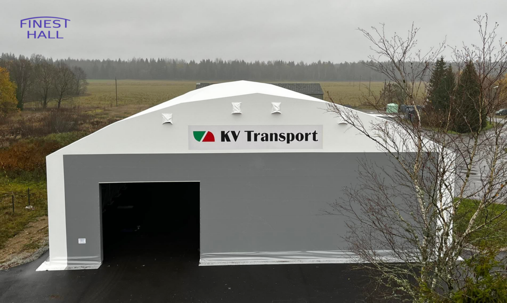 Finest-Hall Factory OÜ toodetud ja paigaldatud PVC hall mõõtudega 25x51m, kõrgusega 6,7 meetrit KV Transport OÜ-le.