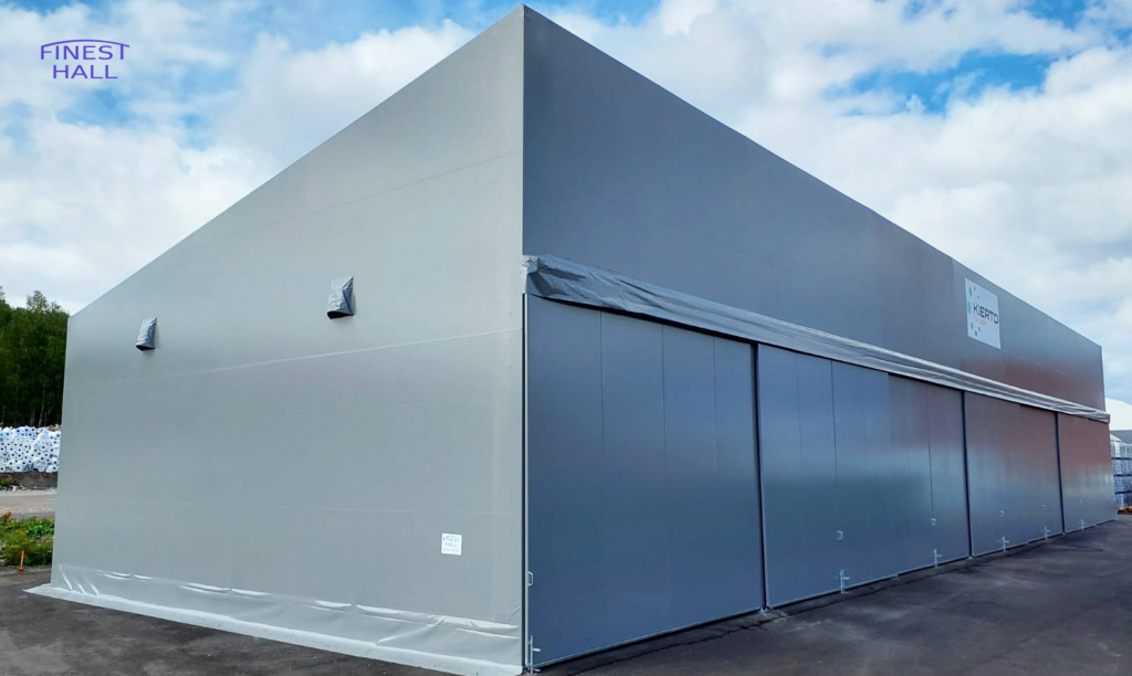 Finest-Hall Factory OÜ toodetud ja paigaldatud varikatus mõõtudega 15x49m, kõrgusega 6,5 meetrit Kierto Itä-Suomi Oy-le.