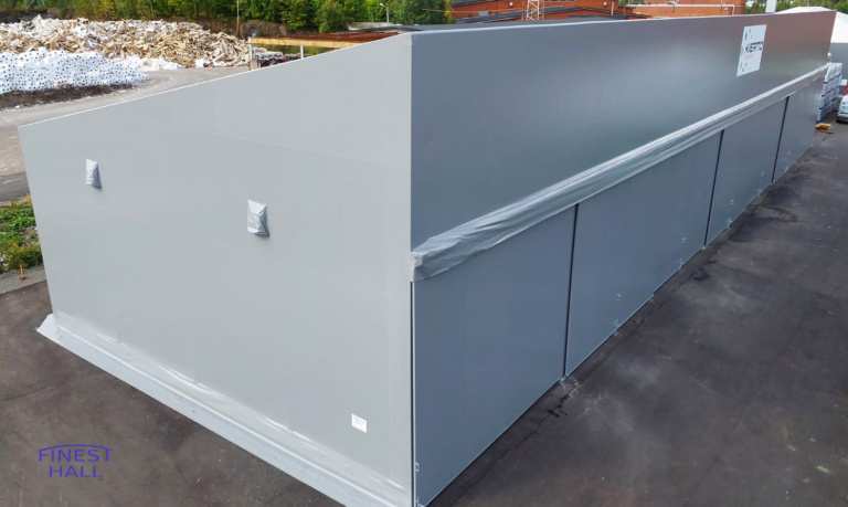 Finest-Hall Factory OÜ toodetud ja paigaldatud varikatus mõõtudega 15x49m, kõrgusega 6,5 meetrit Kierto Itä-Suomi Oy-le.