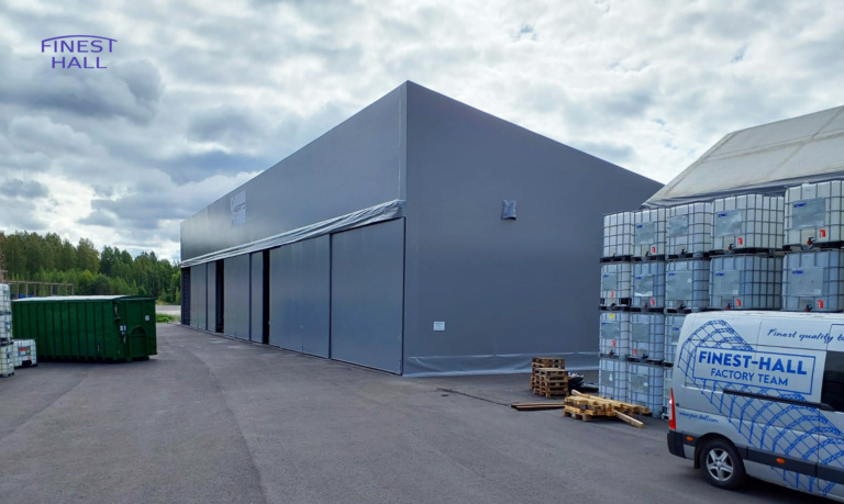 Finest-Hall Factory OÜ toodetud ja paigaldatud varikatus mõõtudega 15x49m, kõrgusega 6,5 meetrit Kierto Itä-Suomi Oy-le.