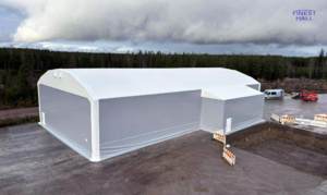 Finest-Hall Factory OÜ toodetud ja paigaldatud PVC hall mõõtudega 20x36m, kõrgusega 5,6 meetrit + varikatus mõõtudega 4x12m, kõrgusega 4 meetrit Soilfood Oy-le.